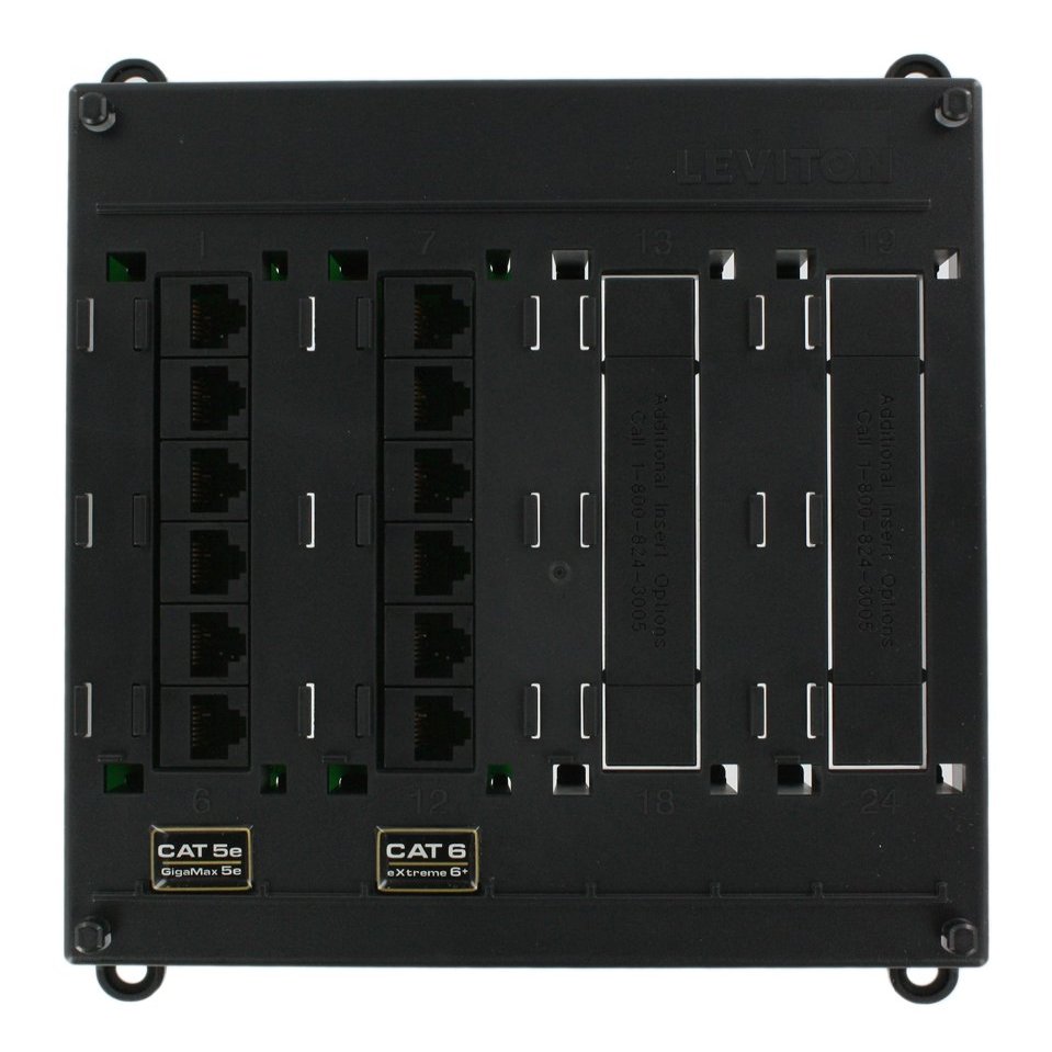 Leviton Twist and Mount Patch Panel, 6 CAT 5e ports and 6 CAT 6 ports, 476TM-652, Black