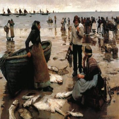 WONDERFULITEMS A FISH SALE ON A CORNISH BEACH BY STANHOPE FORBES 12" X 16" IMAGE SIZE REPRO ON CANVAS SHIPPED ROLLED UP. vip59