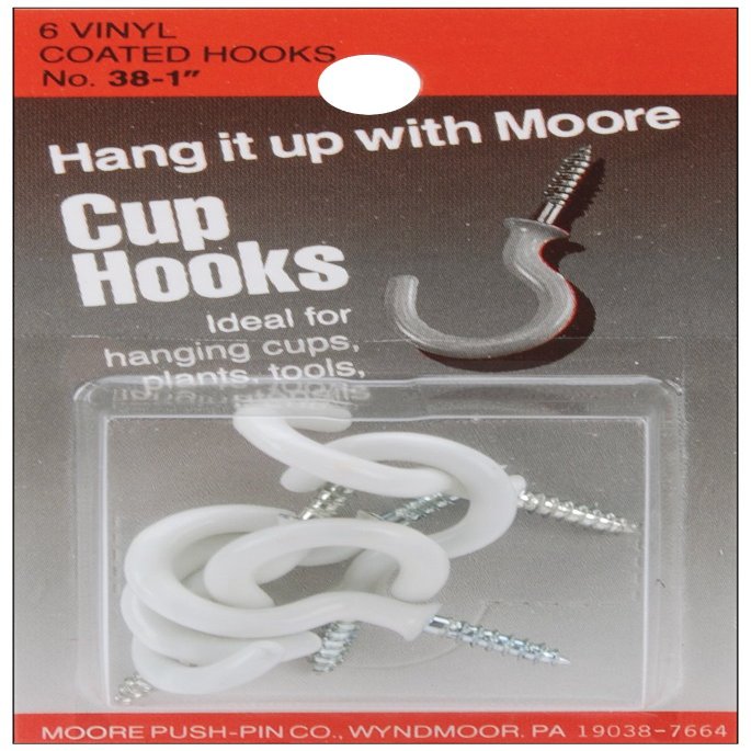 Moore Push Pin Vinyl Coated Cup Hooks 1 inch 6 Pack White 38-W (12-Pack)