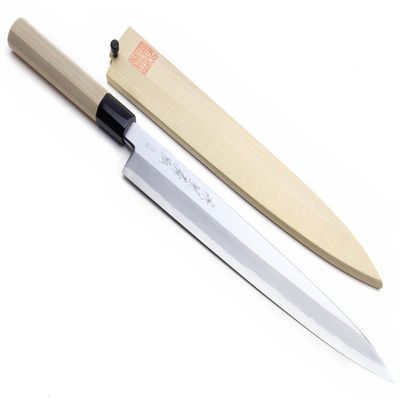 Yoshihiro Blue High Carbon Steel Hongasumi Yanagi Sushi Sashimi Chef's Knife 9.5 Inch Magnolia Handle