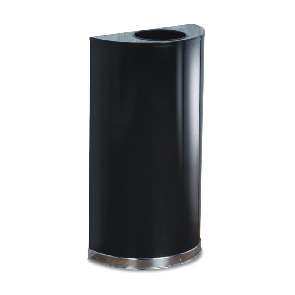 Rubbermaid Half Round Receptacle, 12 Gallon Waste Bin, 34.8 x 11.5 x 20.5 Inches, Open Top with Vinyl Trim, Black and Chrome, Indoor Trash Container