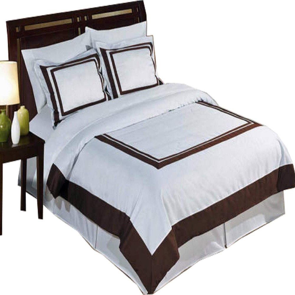 6 Piece Hotel Bed-in-A-Bag: Twin Size, 100% Cotton, 300TC- White & Chocolate Duvet Cover Set with Matching Sheet Set + White Down Alternative Comforter Sets