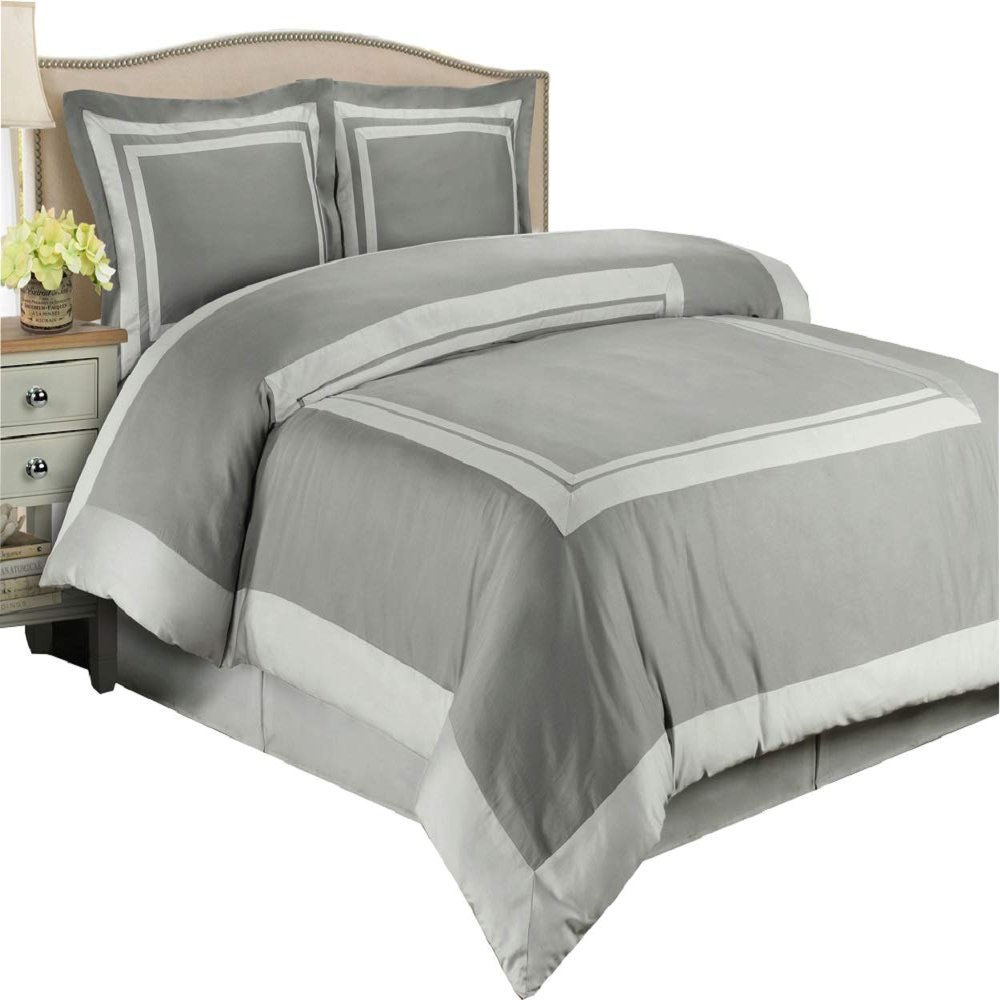 8 Piece Hotel Bed-in-A-Bag: Full Size, 100% Cotton, 300TC- Grey & Light Grey Duvet Cover Set with Matching Sheet Set + White Down Alternative Comforter Sets
