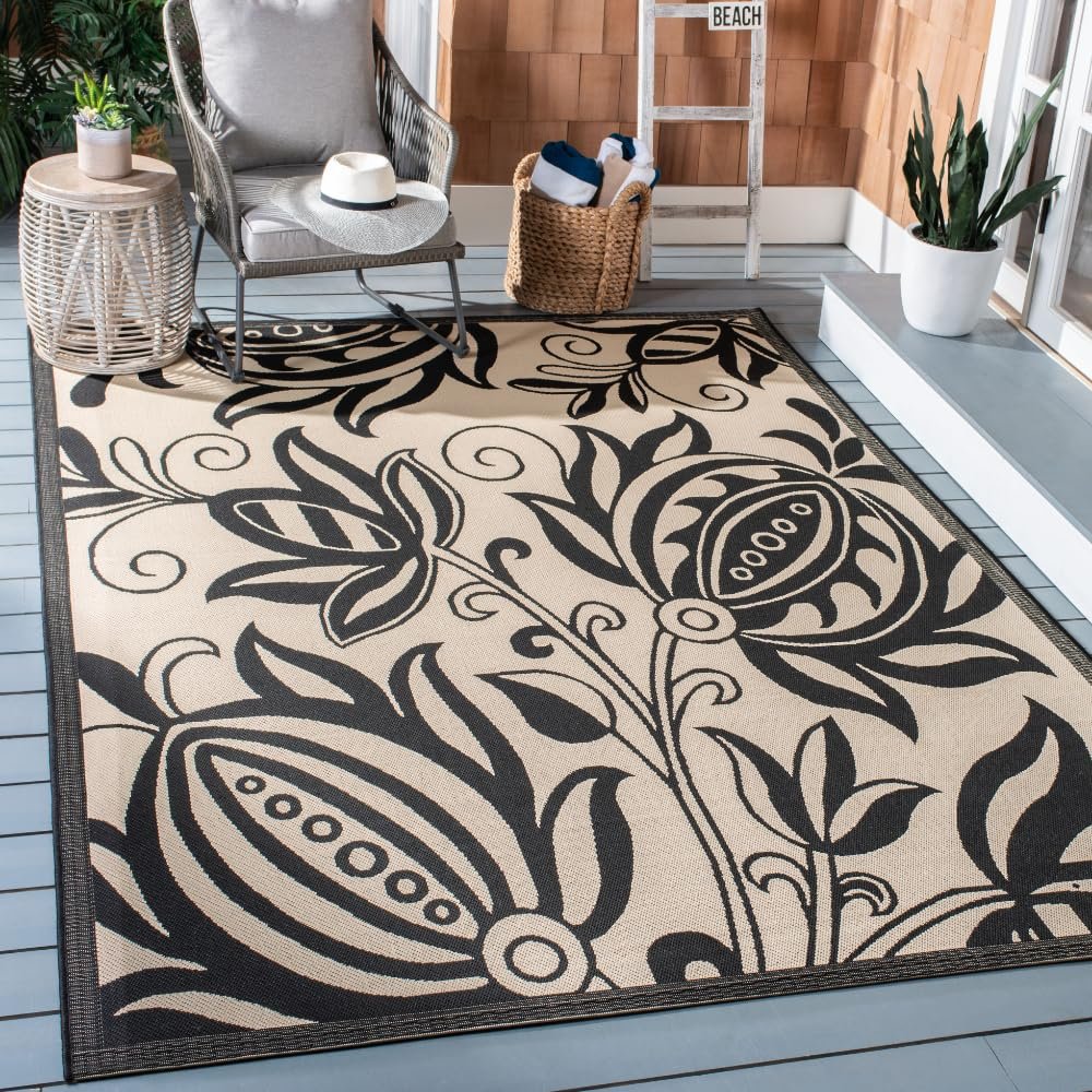 SAFAVIEH Washable Rug Outdoor Courtyard Collection - 7'10" Square, Sand & Black, Non-Shedding & Easy Cleaning, Ideal for Patio, Backyard, Mudroom (CY2961-3901)