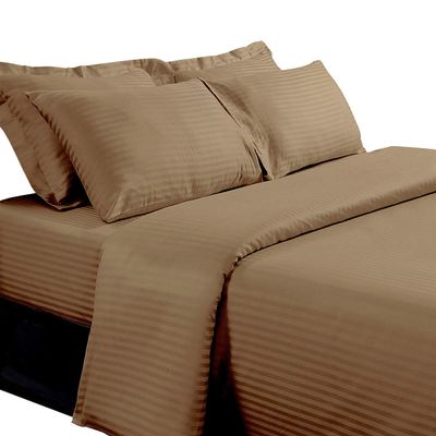 sheetsnthings Damask Stripes Goose Down Comforter with 600TC, 100-Percent Cotton, 8PC Queen Size Bedding (Bed Sheets and Duvet Cover Set) Taupe