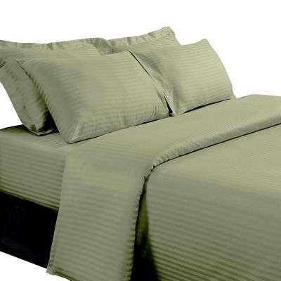 8-Piece Striped Goose Down Bed in a Bag Queen Size Comforter Set Includes: 300TC, 100% Cotton (Duvet Cover Set +Sheet Set) +All Season Goose Down Comforter 600 Fill Power (Sage)