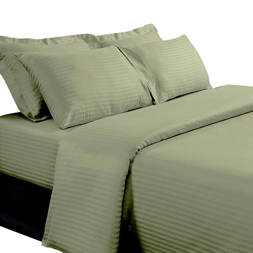 8-Piece Striped Goose Down Bed in a Bag Queen Size Comforter Set Includes: 300TC, 100% Cotton (Duvet Cover Set +Sheet Set) +All Season Goose Down Comforter 600 Fill Power (Sage)