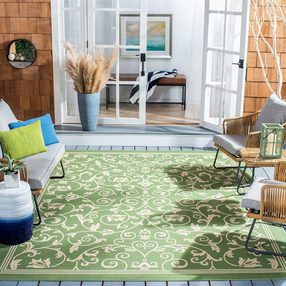 SAFAVIEH Washable Rug Outdoor Courtyard Collection - 7'10" Square, Olive & Natural, Non-Shedding & Easy Cleaning, Ideal for Patio, Backyard, Mudroom (CY2098-1E06)