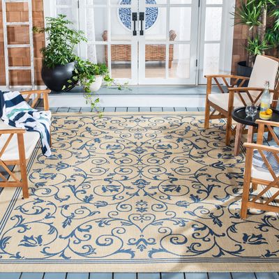 SAFAVIEH Washable Rug Outdoor Courtyard Collection - 7'10" Square, Natural & Blue, Non-Shedding & Easy Cleaning, Ideal for Patio, Backyard, Mudroom (CY2098-3101)