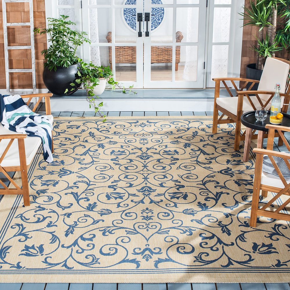 SAFAVIEH Washable Rug Outdoor Courtyard Collection - 7'10" Square, Natural & Blue, Non-Shedding & Easy Cleaning, Ideal for Patio, Backyard, Mudroom (CY2098-3101)