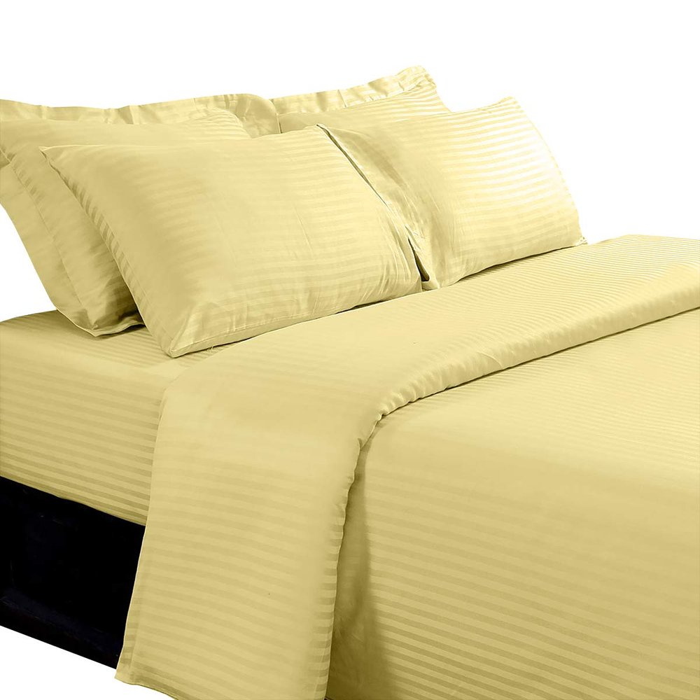 sheetsnthings 8 Piece Bed in A Bag Set Includes: California King Size, 100% Cotton, 600TC Striped Gold (Sheet Set + Duvet Cover Set) + All Season White Down Alternative Comforter
