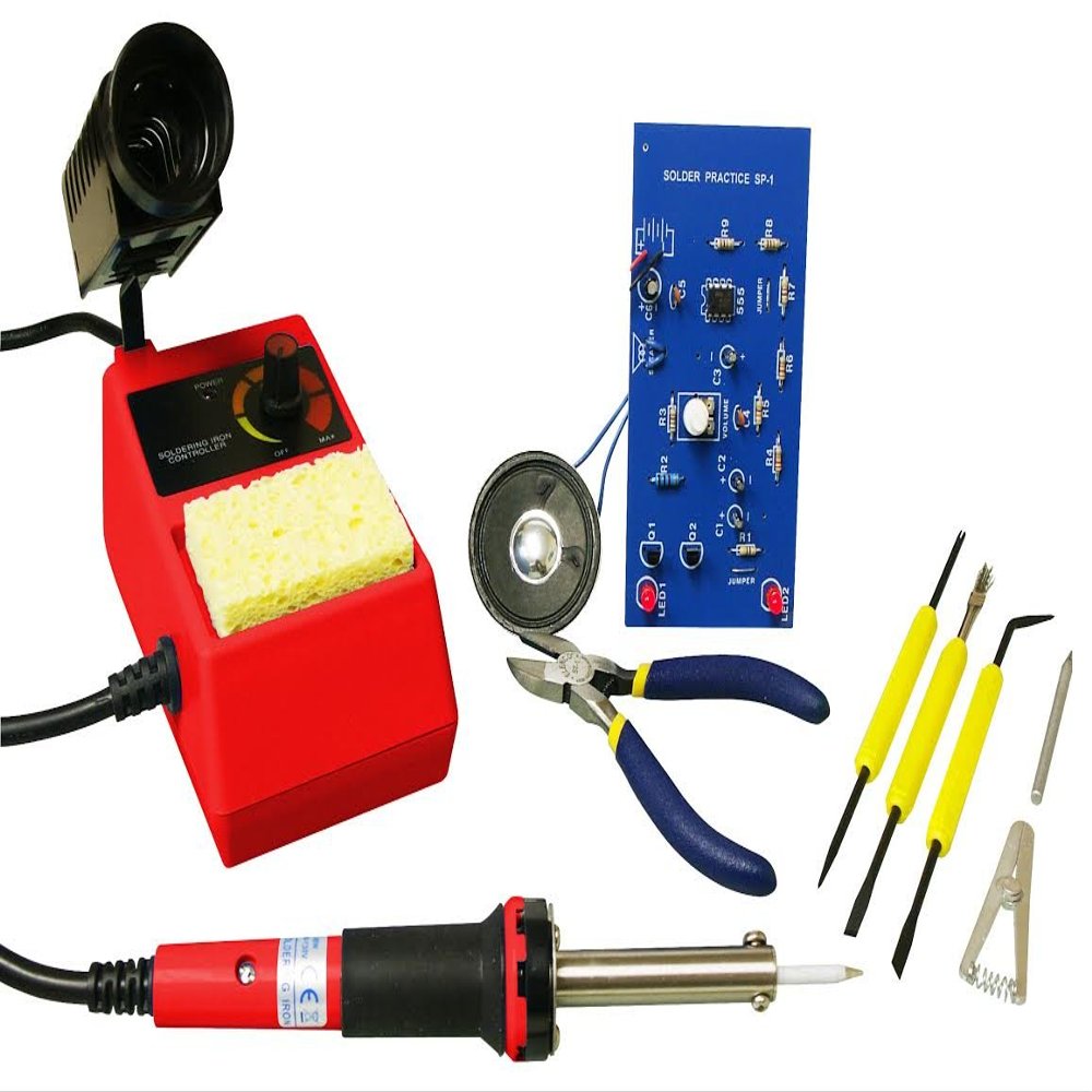 Elenco Deluxe Learn to Solder Kit | Fully Adjustable Soldering Station | Temperature Range: 350-900F | SL-75T2 Wedge Tip | ST-1 Side cutters | SE-1 Solder Ease Kit | SP-1A Solder Practice Kit