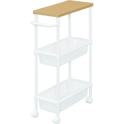 Iris Ohyama MKW-WT3S Seasoning Rack, Kitchen Wagon, Metal Pole, Wooden Top Table with Handle, 3 Tiers, Width 8.7 inches (22 cm), Slim, White/Beach