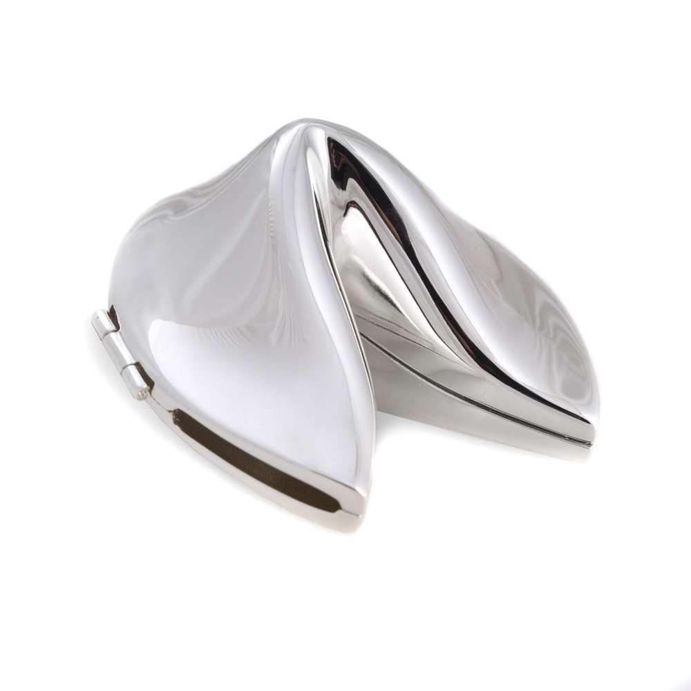 Bey-Berk Silver-Plated Fortune Cookie Keepsake, 3 Hinged Metal Paperweight, Trinket Holder with Gift Box