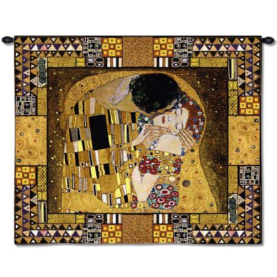 The Kiss Captured by Gustav Klimt | Woven Tapestry Wall Art Hanging | Iconic Romantic Modern Collage Masterpiece | 100% Cotton USA Size 63x55