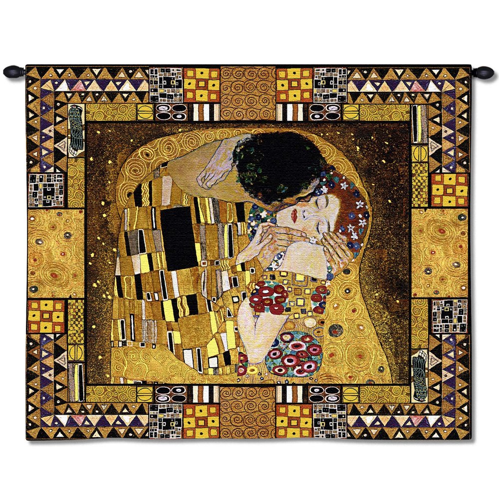 The Kiss Captured by Gustav Klimt | Woven Tapestry Wall Art Hanging | Iconic Romantic Modern Collage Masterpiece | 100% Cotton USA Size 63x55