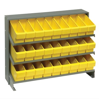 Quantum QPRHA-501YL Sloped Quickpick Cart | Bench Style Mobile Storage Rack for Industrial Display | (27) QED501 Yellow Bins; (3) Shelves | 250 lbs Capacity, 12.5"L x 36"W x 23"H, Gray, Carbon Steel