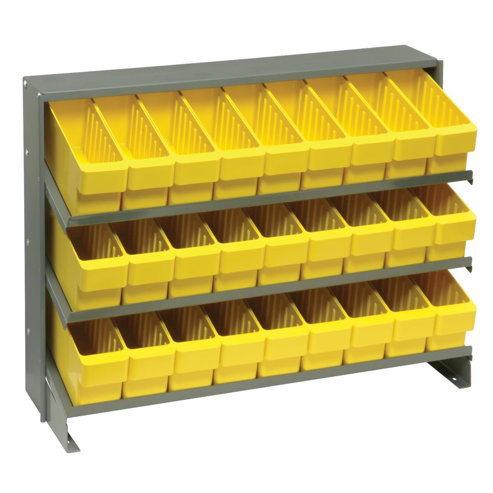 Quantum QPRHA-501YL Sloped Quickpick Cart | Bench Style Mobile Storage Rack for Industrial Display | (27) QED501 Yellow Bins; (3) Shelves | 250 lbs Capacity, 12.5"L x 36"W x 23"H, Gray, Carbon Steel