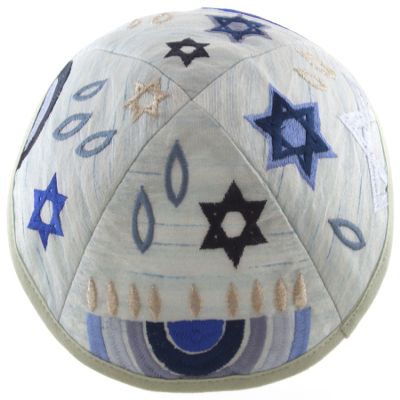 Yair Emanuel Kippah | White Embroidered Blue and Grey Hanukkah Menorah Judaica Jewish Motifs | | YME-5B