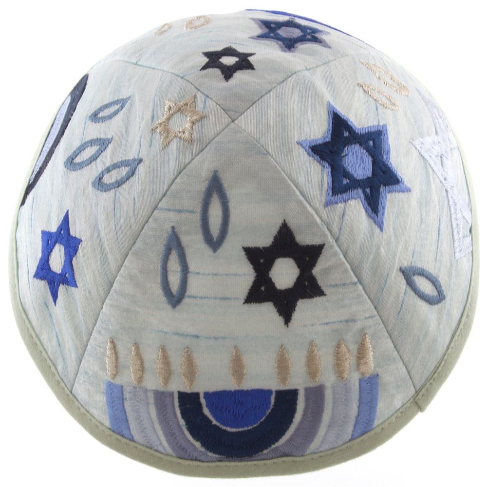 Yair Emanuel Kippah | White Embroidered Blue and Grey Hanukkah Menorah Judaica Jewish Motifs | | YME-5B