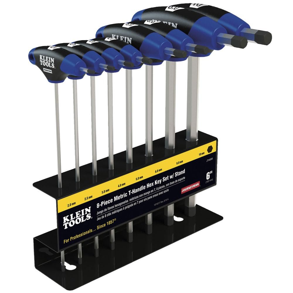 KLEIN TOOLS JTH68M T-Handle Hex Key Set, Metric Sizes Allen Wrench Set with 6-Inch Blades, Stand Included, 8-Piece