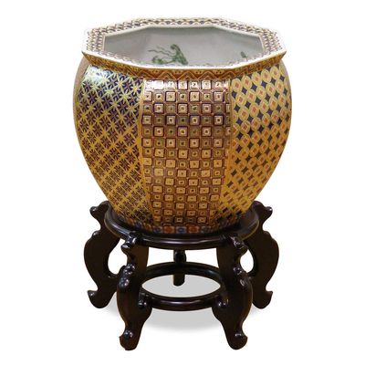 ChinaFurnitureOnline Porcelain Japanese Fishbowl Planter 12 Inch Gilded Yosegi