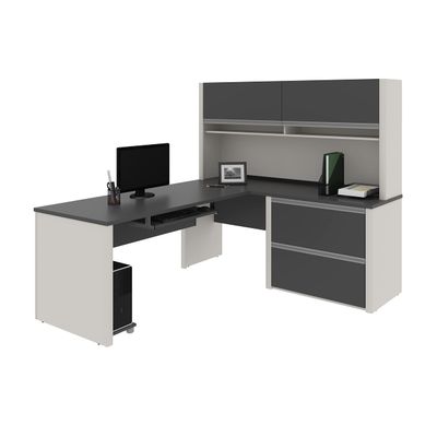 BESTAR Connexion L-Shaped Desk with Two Oversized Pedestals, Slate/Sandstone