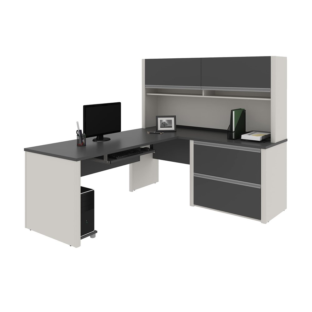 BESTAR Connexion L-Shaped Desk with Two Oversized Pedestals, Slate/Sandstone