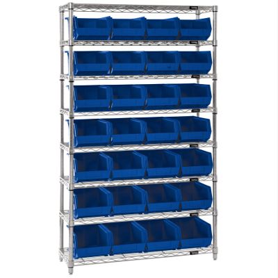 QUANTUM STORAGE SYSTEMS WR8-239BL Wire Heavy Duty 8 Shelves 74" H x 36" W x 12" D with 28 Blue Bins 11" L x 9" W x 7" H