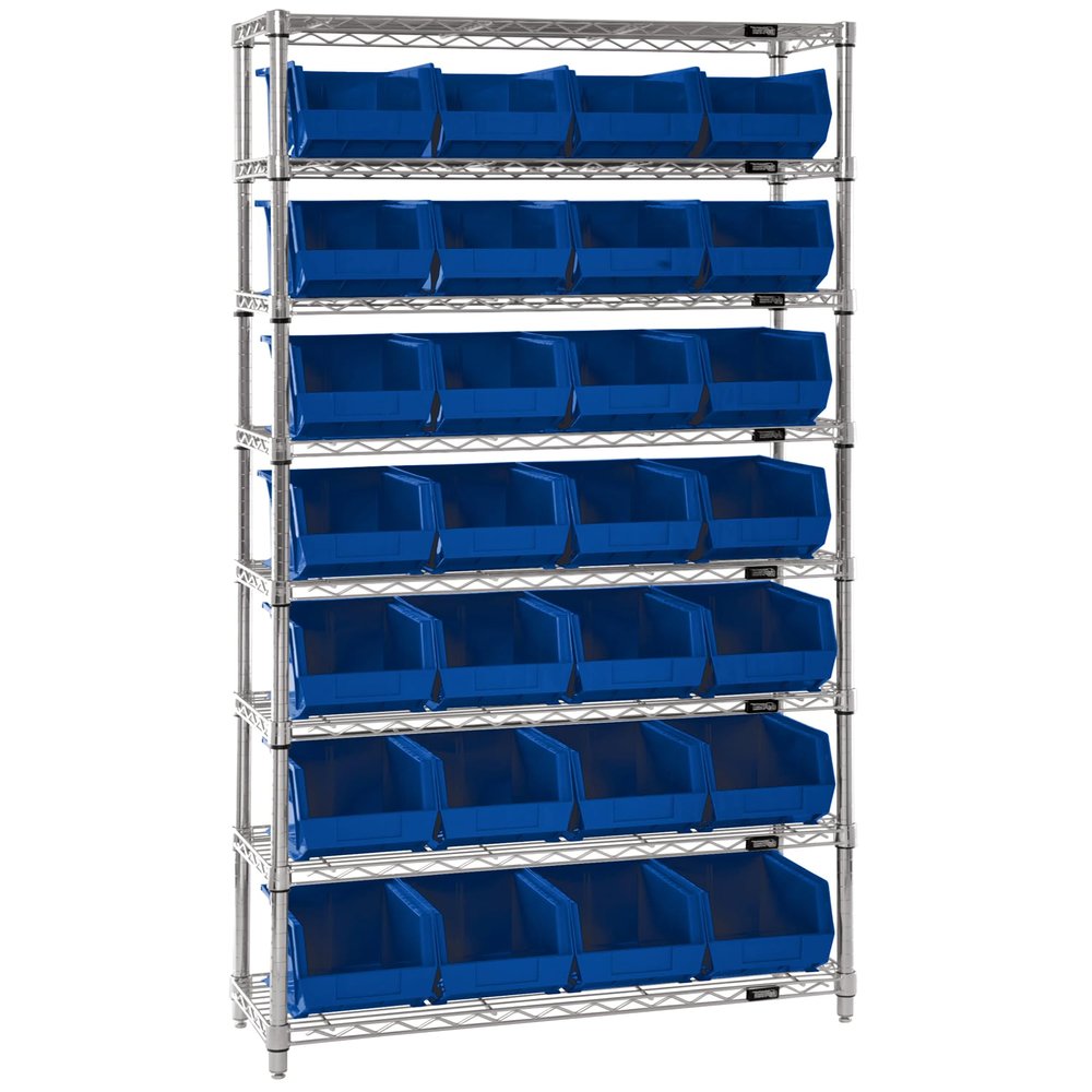 QUANTUM STORAGE SYSTEMS WR8-239BL Wire Heavy Duty 8 Shelves 74" H x 36" W x 12" D with 28 Blue Bins 11" L x 9" W x 7" H