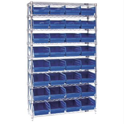 QUANTUM STORAGE SYSTEMS WR9-207BL Wire Heavy Duty 9 Shelves 74" H x 36" W x 12" D with 32 Blue Bins 12" L x 9" W x 6" H