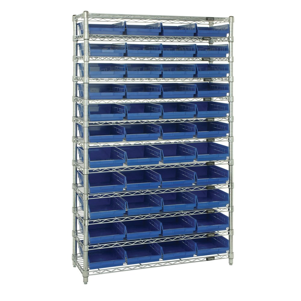 QUANTUM STORAGE SYSTEMS WR12-114BL Wire Heavy Duty 12 Shelves 74" H x 36" W x 24" D with 44 Blue Bins 24" L x 9" W x 4" H