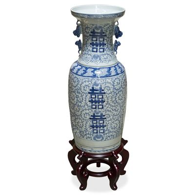 China Furniture Online Blue and White Vintage Qing Double Happiness Chinese Vase