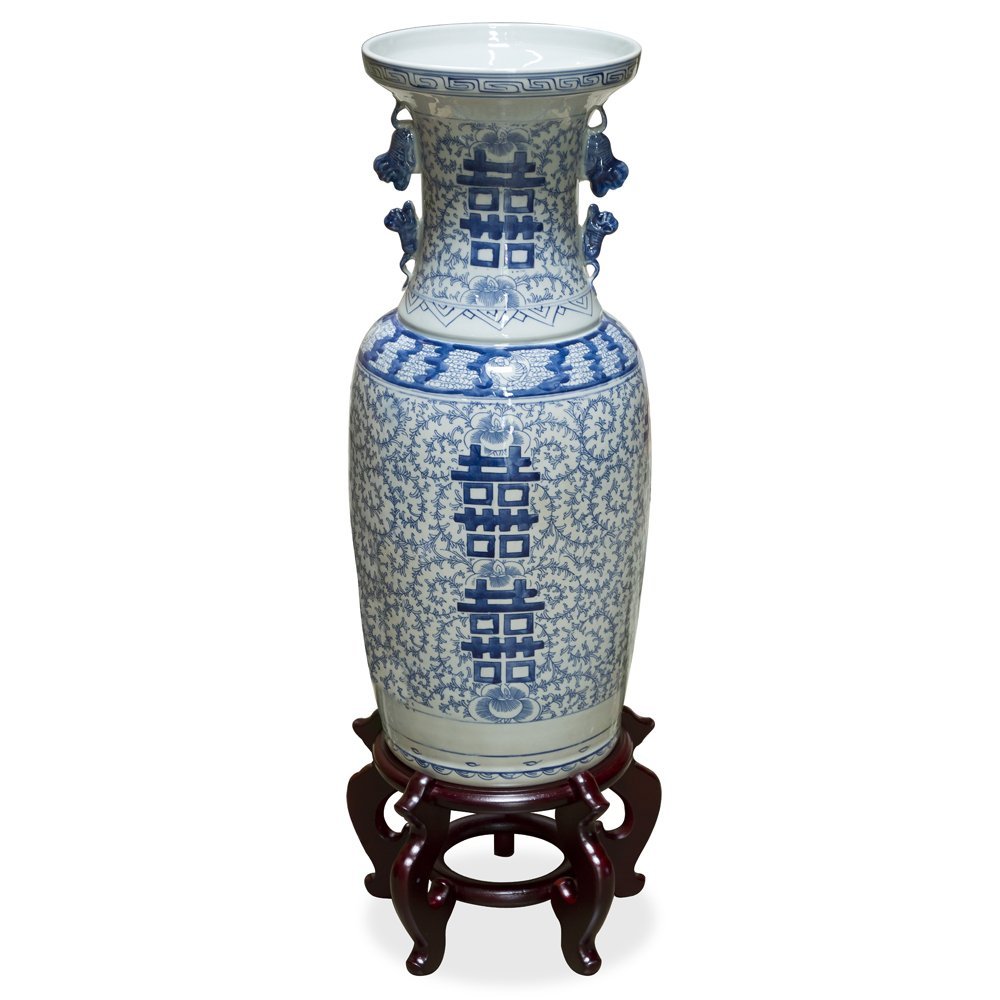 China Furniture Online Blue and White Vintage Qing Double Happiness Chinese Vase