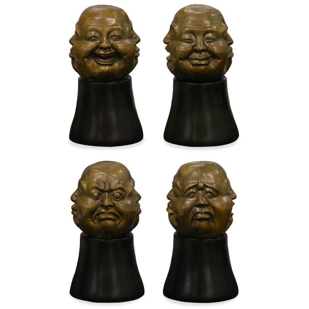 ChinaFurnitureOnline 4-Emotion Brass Buddha Asian Figurine with Black Wooden Stand