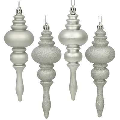 Vickerman 7" Finial Ornament Pack, Shatterproof Plastic Christmas Tree Decoration, 8 Per Box, Featuring 4 Finishes, Silver Shiny, Matte, Glitter and Sequin