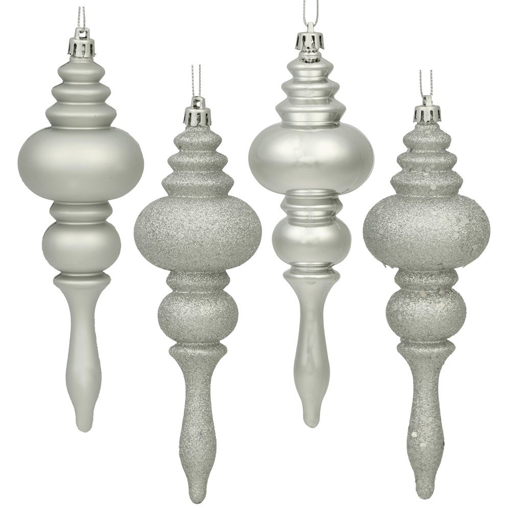 Vickerman 7" Finial Ornament Pack, Shatterproof Plastic Christmas Tree Decoration, 8 Per Box, Featuring 4 Finishes, Silver Shiny, Matte, Glitter and Sequin