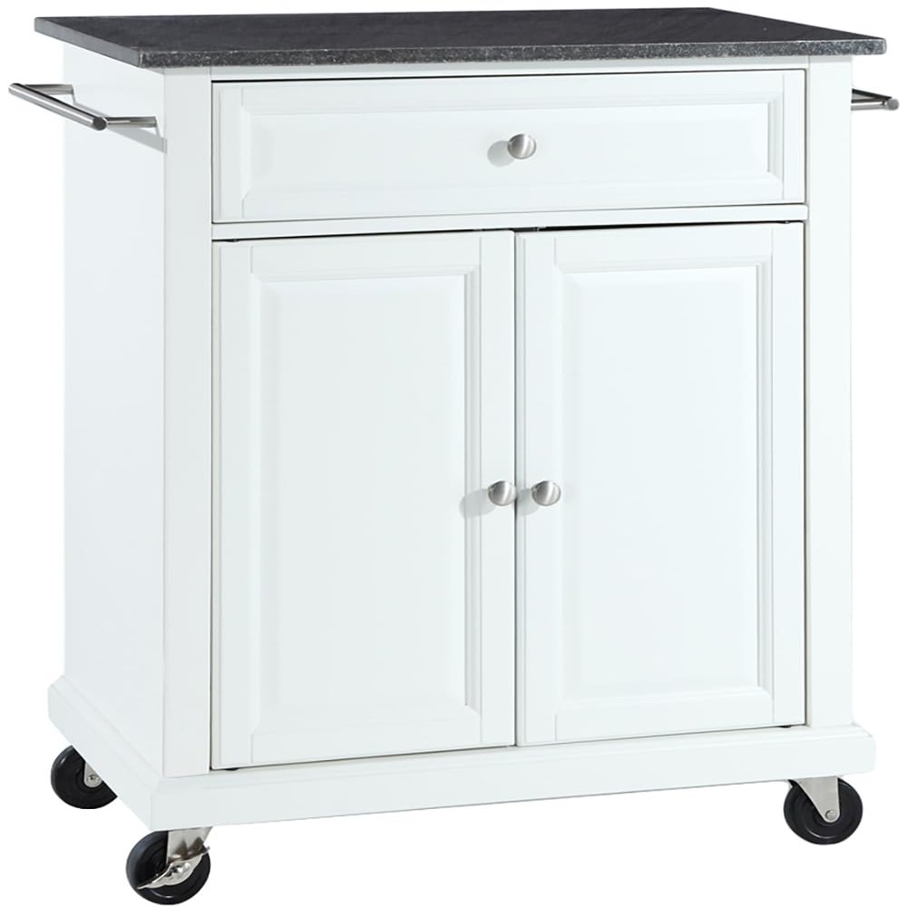 Crosley Furniture Compact Granite Top Small Rolling Cart with Shelves, Microwave Stand with Towel Rack, White