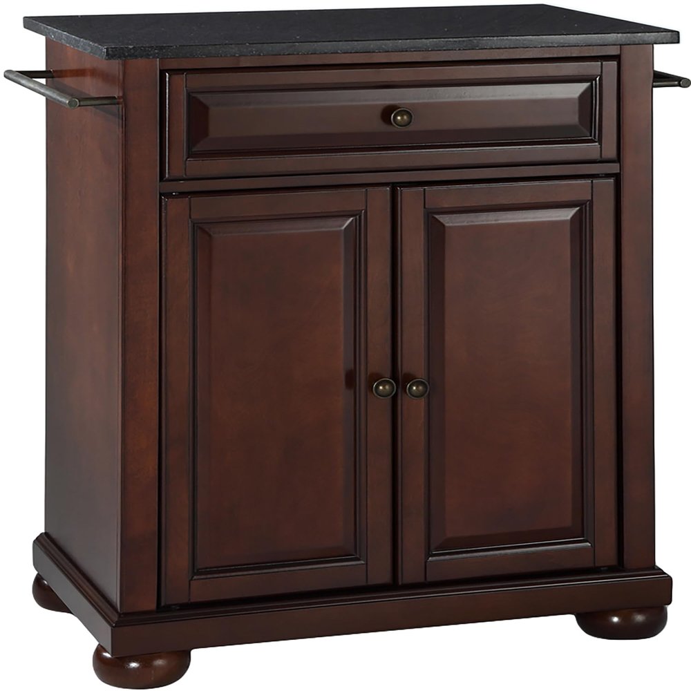 Crosley Furniture Alexandria Granite Top Small Portable Rolling Kitchen Island Storage Cart, Microwave Stand, Mahogany