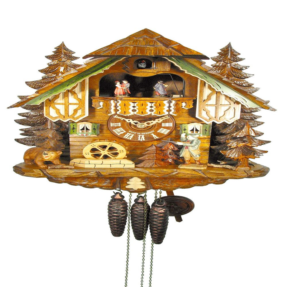 August Schwer Cuckoo Clock Black Forest House with Forest Scene and Moving Hunter