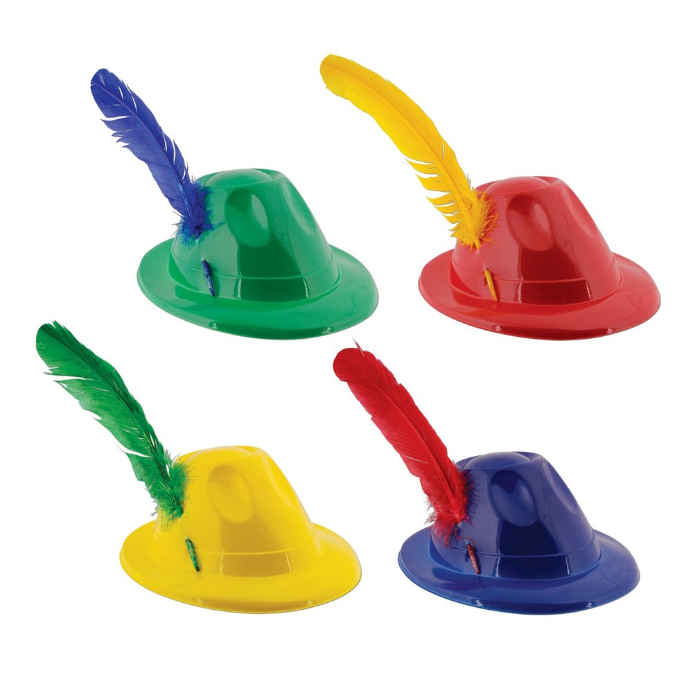 Plastic Alpine Hat with Feather Assorted Colors, Set of 48
