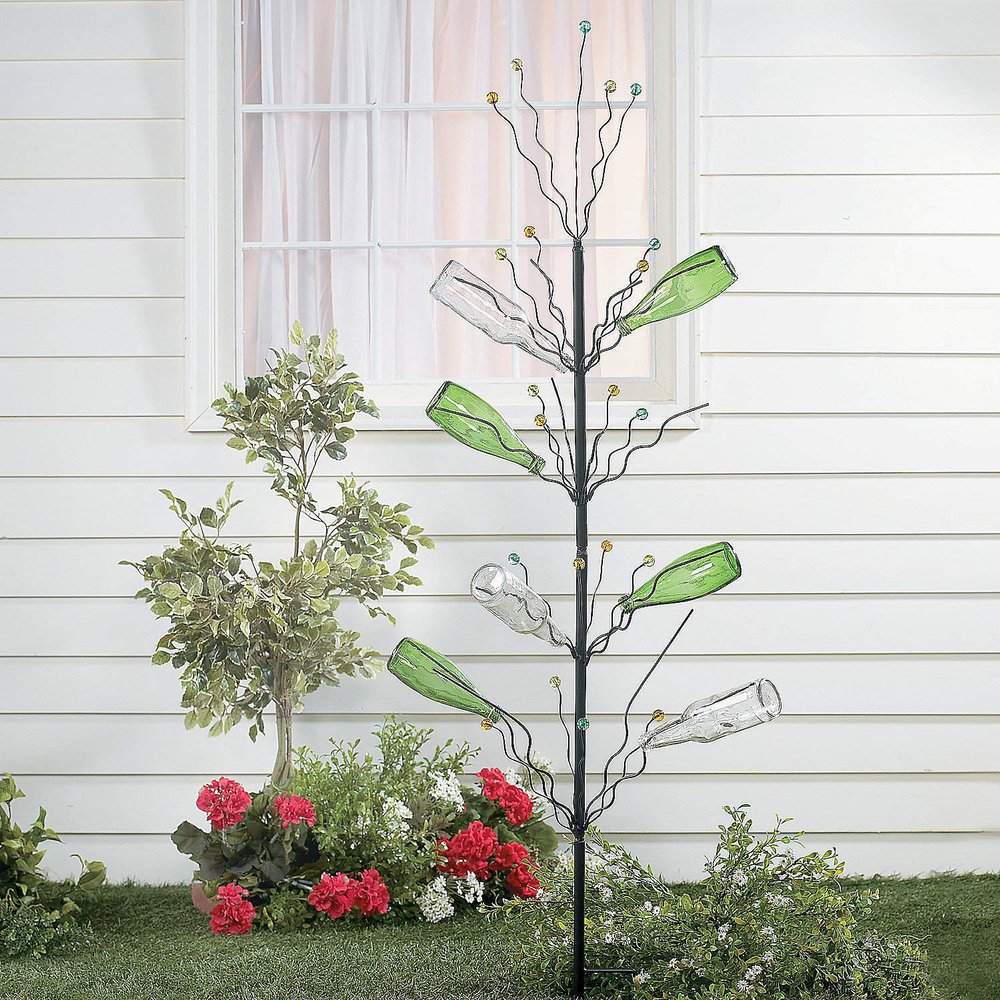 Fun Express Metal Bottle Tree Garden Sculpture - 45 Inch Tall Wine Bottle Display Stand for Outdoor Yard Decorations | Holds Colored Glass Bottles, Fruit & Seasonal Ornaments Weather-Resistant Design