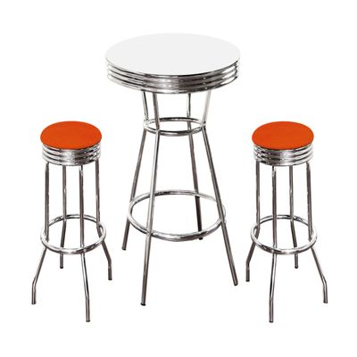The Furniture Cove Chrome Bar Table & 2 Chrome Orange Vinyl Seat Barstools