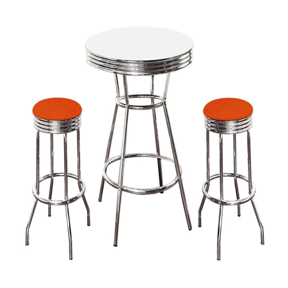 The Furniture Cove Chrome Bar Table & 2 Chrome Orange Vinyl Seat Barstools