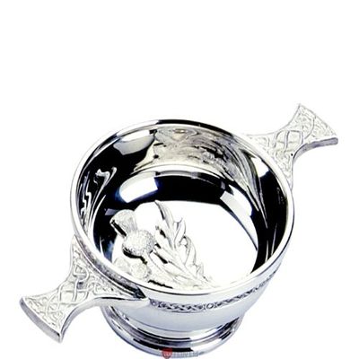 Edwin Blyde & Co Quaich with Raised Thistle Mount Inside, Ornate Celtic Wire and Celtic Handles, 3 Inch, Pewter