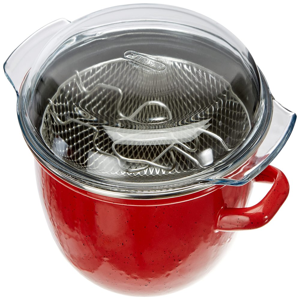 Ibili Deep Fryer Pot with Wire Basket Strainer Set, Enameled Steel Frying Pot with Inner Non-Stick Coating and Glass Lid, Induction - Made in Spain - 4.6L -24cm / 9.4"