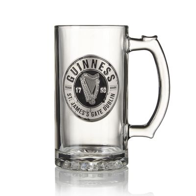 Guinness Label Tankard with Pewter Logo Beer Pub Style Pint Glass - Tankard Style Glass with Metal Badge