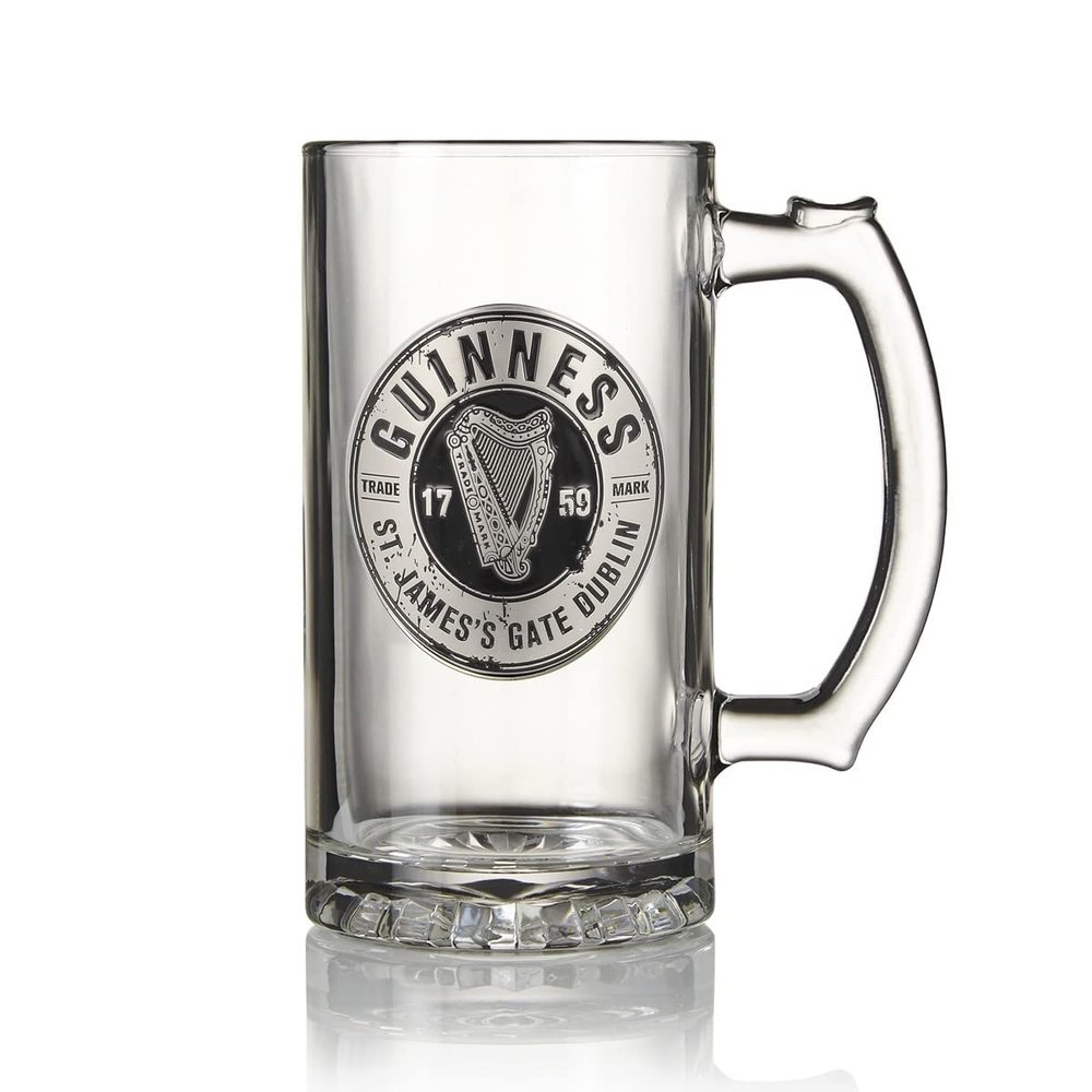Guinness Label Tankard with Pewter Logo Beer Pub Style Pint Glass - Tankard Style Glass with Metal Badge
