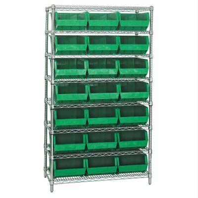 Quantum Storage Systems WR8-255GN 8-Tier Complete Wire Shelving System with 21 QUS255 Green Giant Open Hopper Bins, Chrome Finish, 18" Width x 36" Length x 74" Height