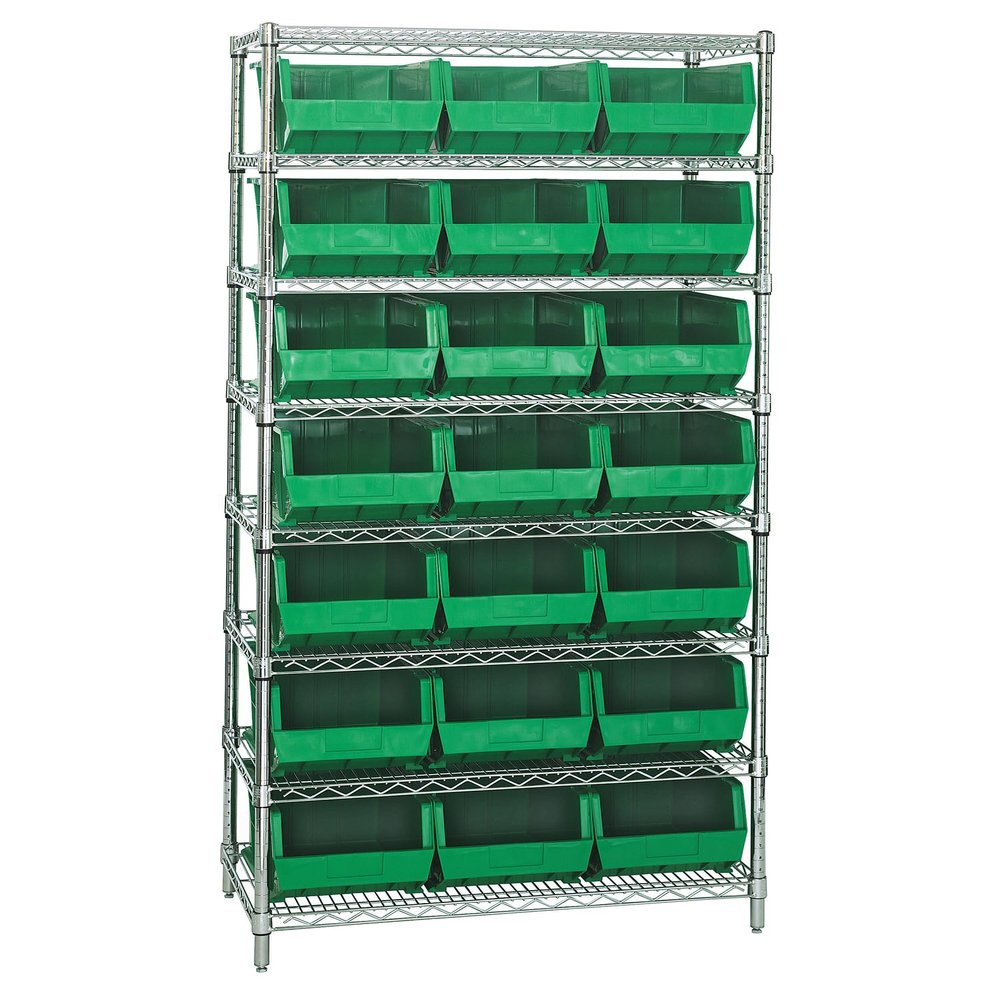 Quantum Storage Systems WR8-255GN 8-Tier Complete Wire Shelving System with 21 QUS255 Green Giant Open Hopper Bins, Chrome Finish, 18" Width x 36" Length x 74" Height
